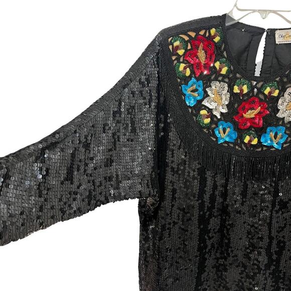 Vintage Oleg Cassini TopWomens M/L Sequin Silk Floral Beaded 80s Deco - Picture 5 of 7